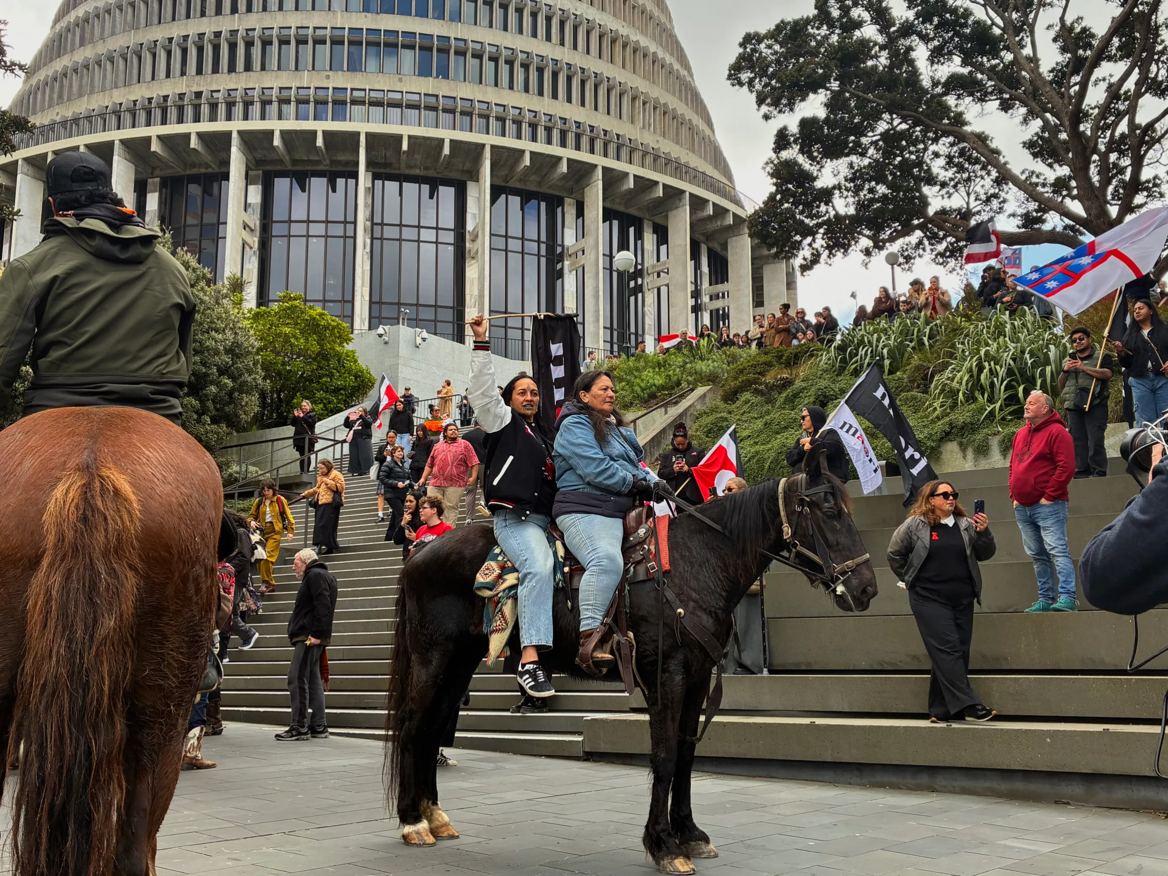 Protesters on horseback.