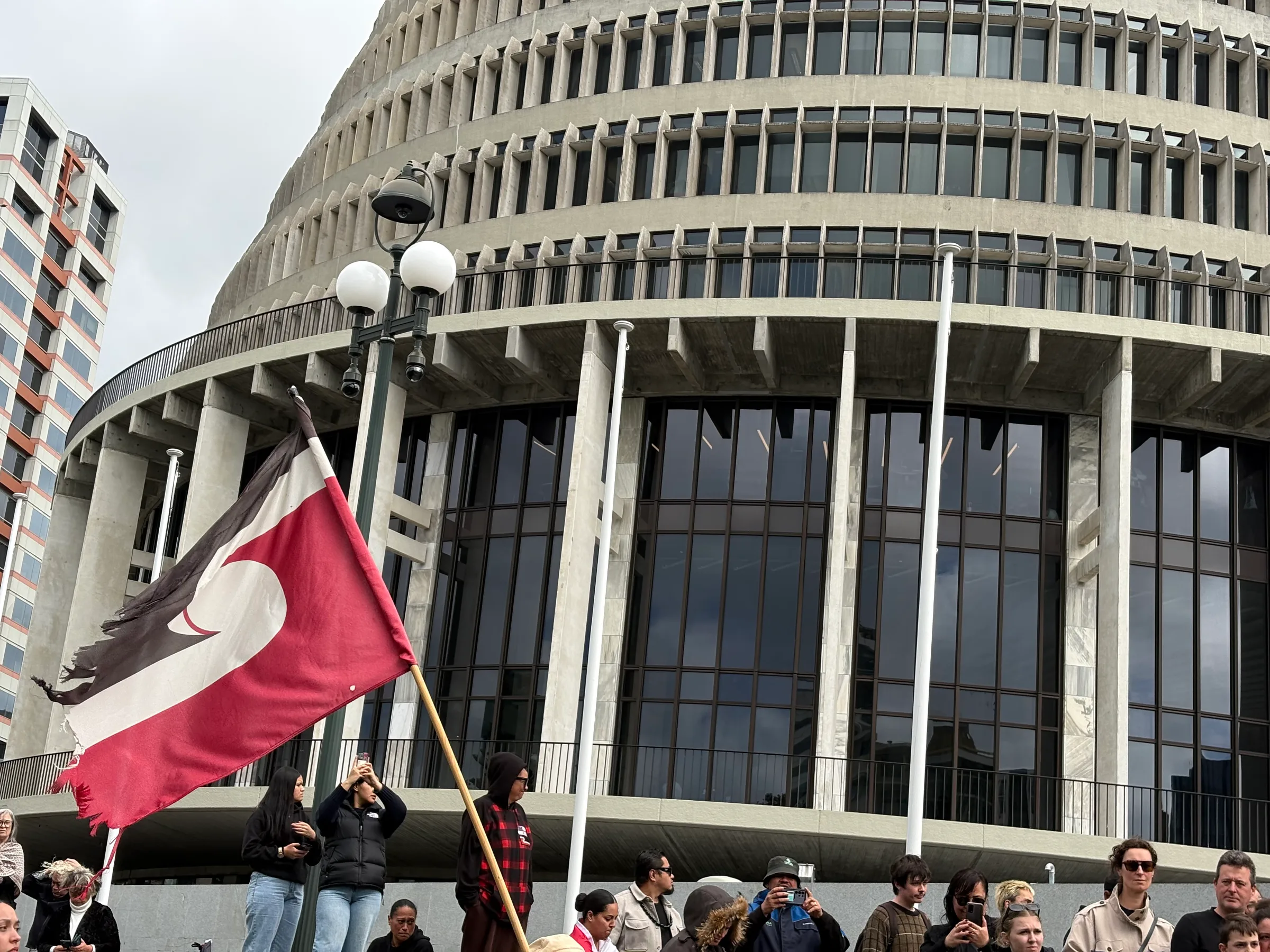 Torn flag in front of the beehive.