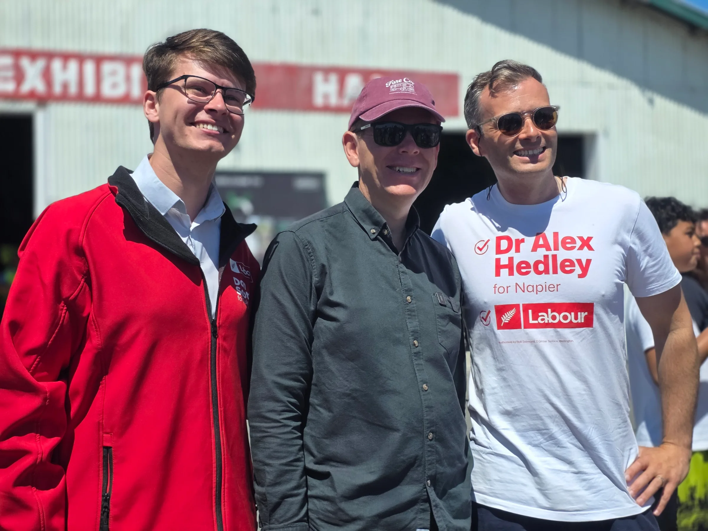 Labour Leader Chris Hipkins (centre) with his Tukituki candidate Dan Scott and Napier candidate Dr Alex Hedley.